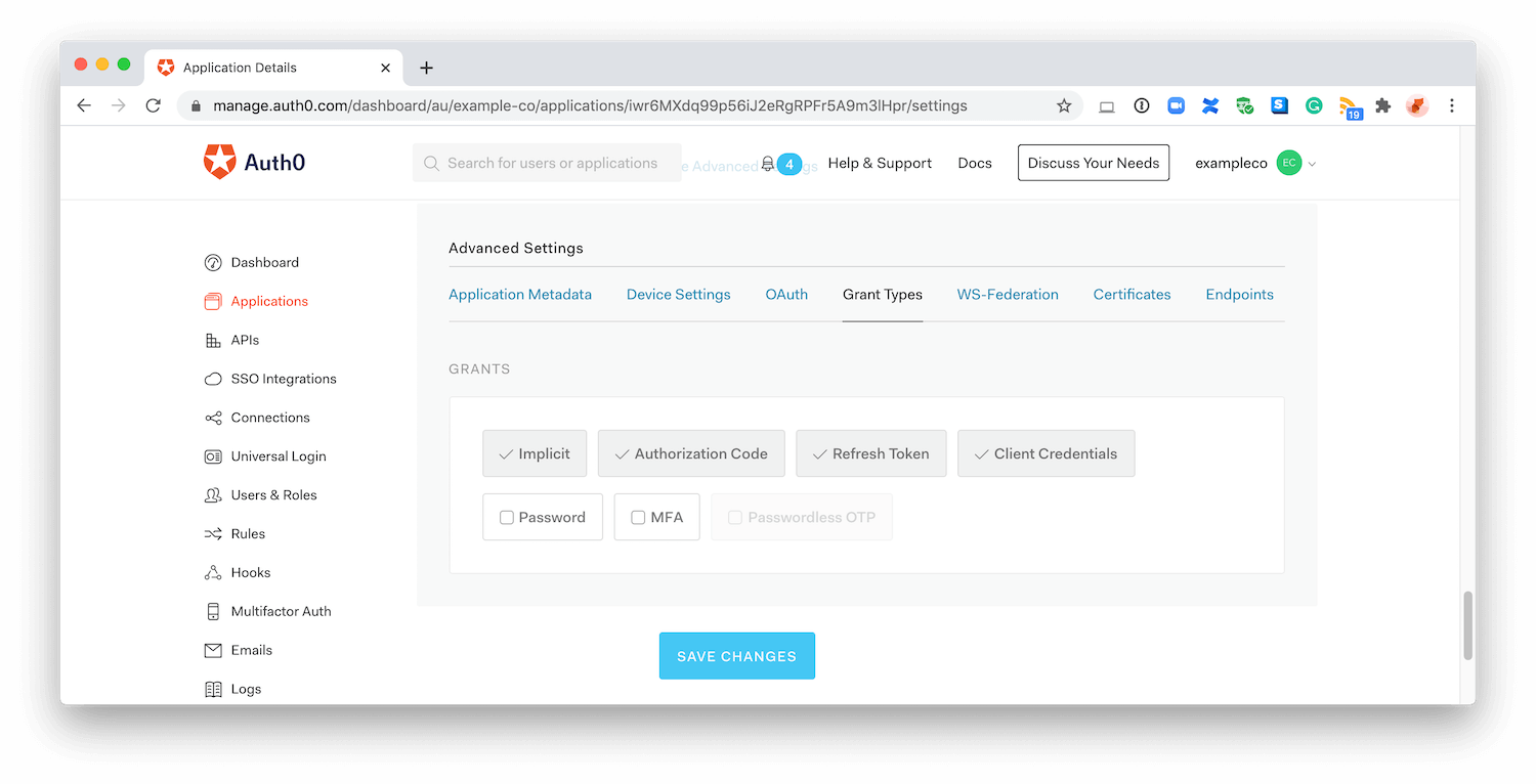 Dashboard - Applications - Advanced - Grant Types