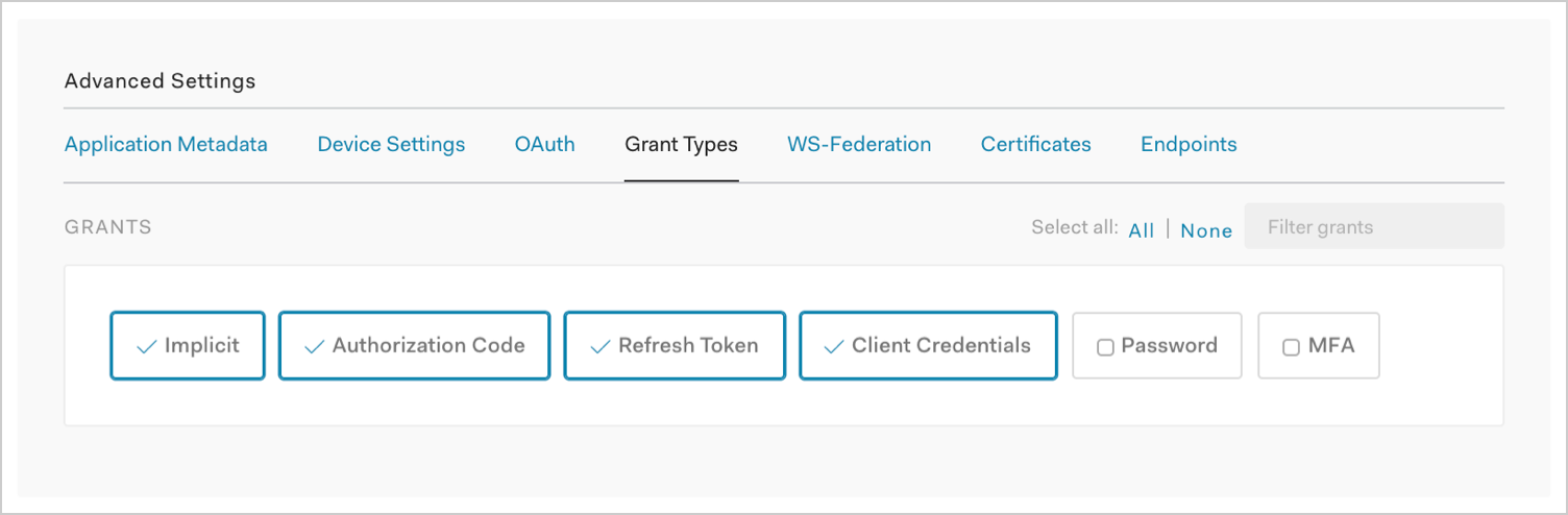 Dashboard - Applications - Application Settings - Advanced - Grant Types