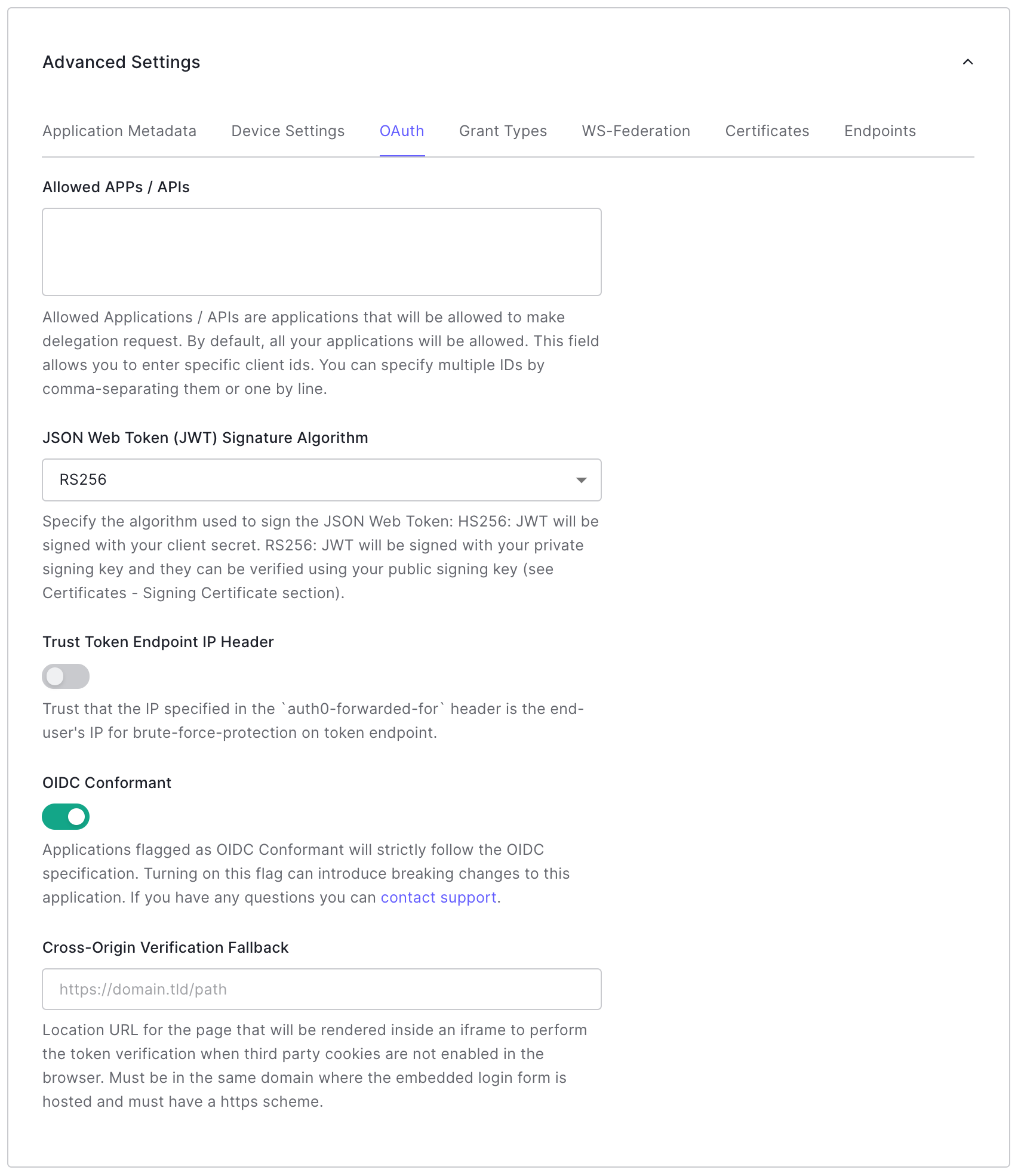 Auth0 Dashboard Applications Advanced Settings OAuth Tab