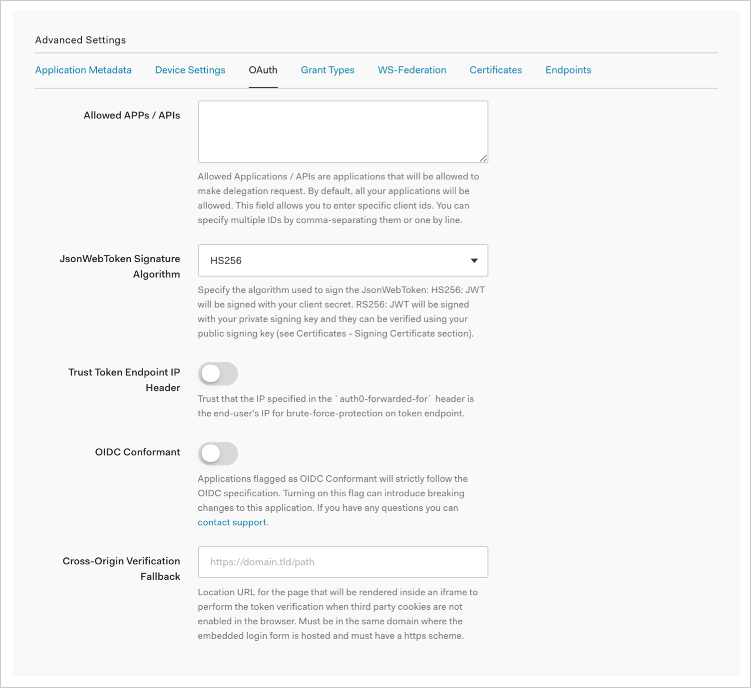 Auth0 Dashboard Applications Advanced Settings OAuth Tab