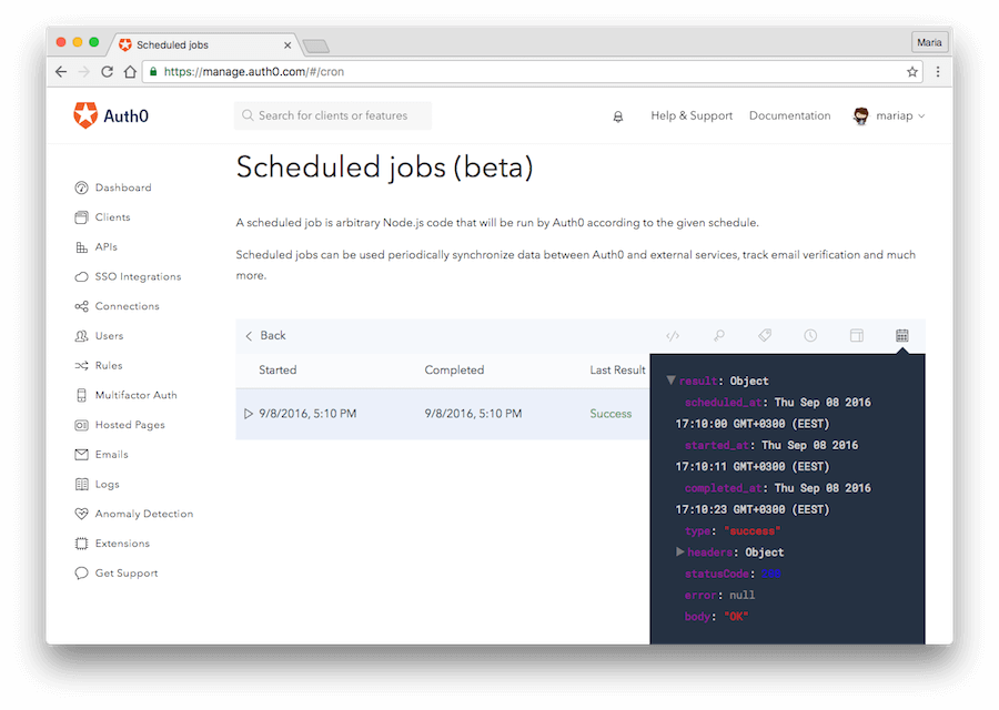 Dashboard - Extensions - Azure - View Cron Details