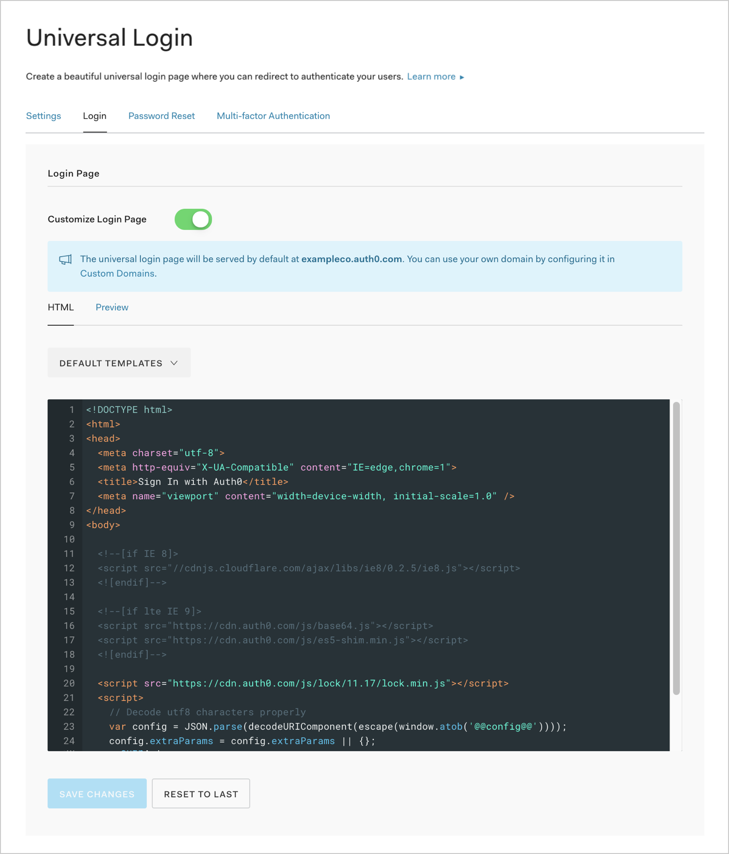 Dashboard - Branding - Universal Login - Login Template