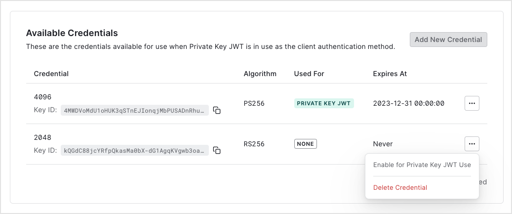 Auth0 Dashboard - Applications - Application Settings - Credential tab - enable or delete credential