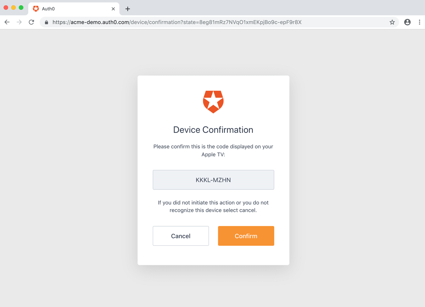 Auth0 Flows Device Authorization sample confirmation prompt directing the user to confirm the code