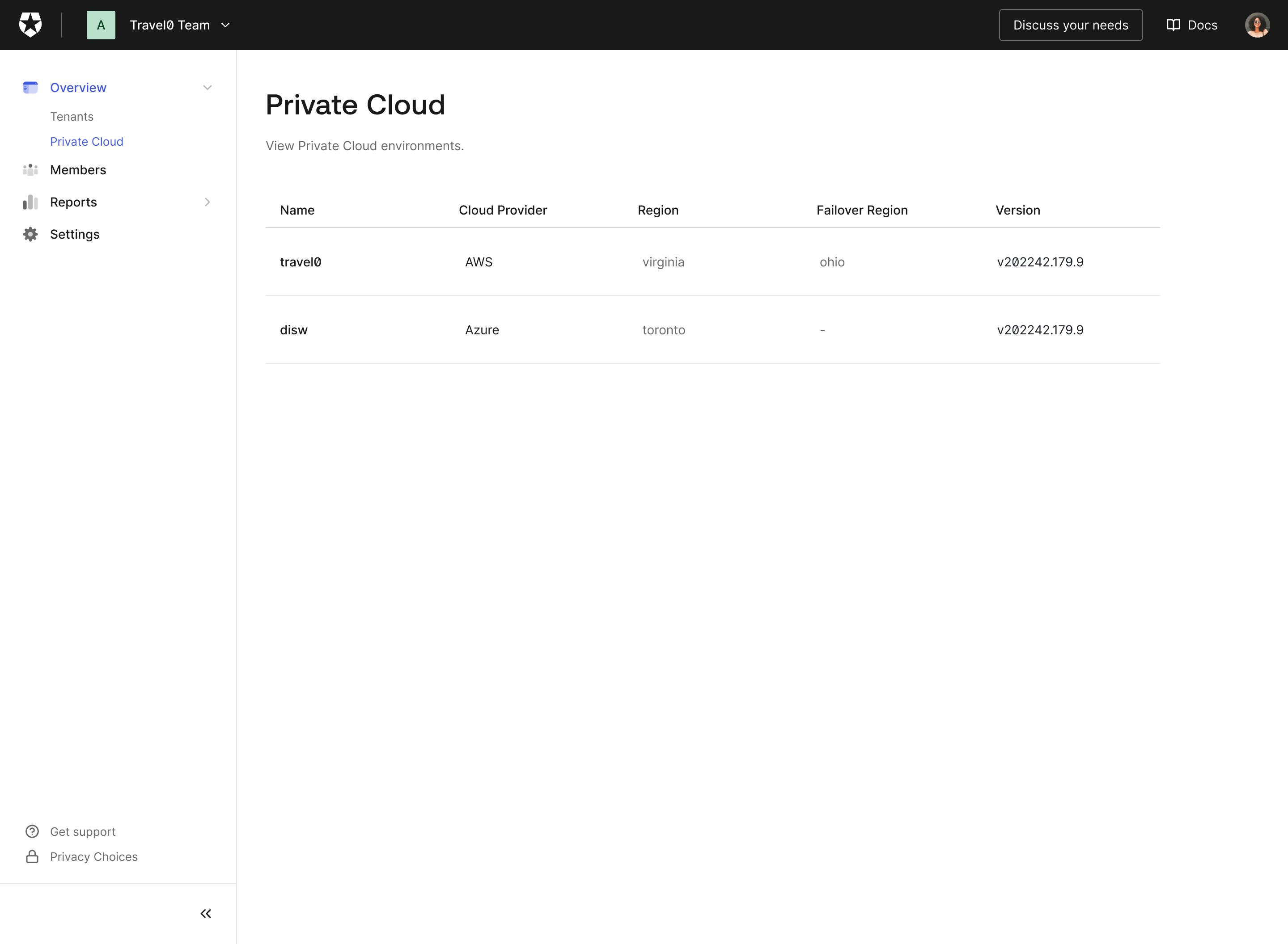 Environment List for Teams Private Cloud, Name, Cloud Provider, Region