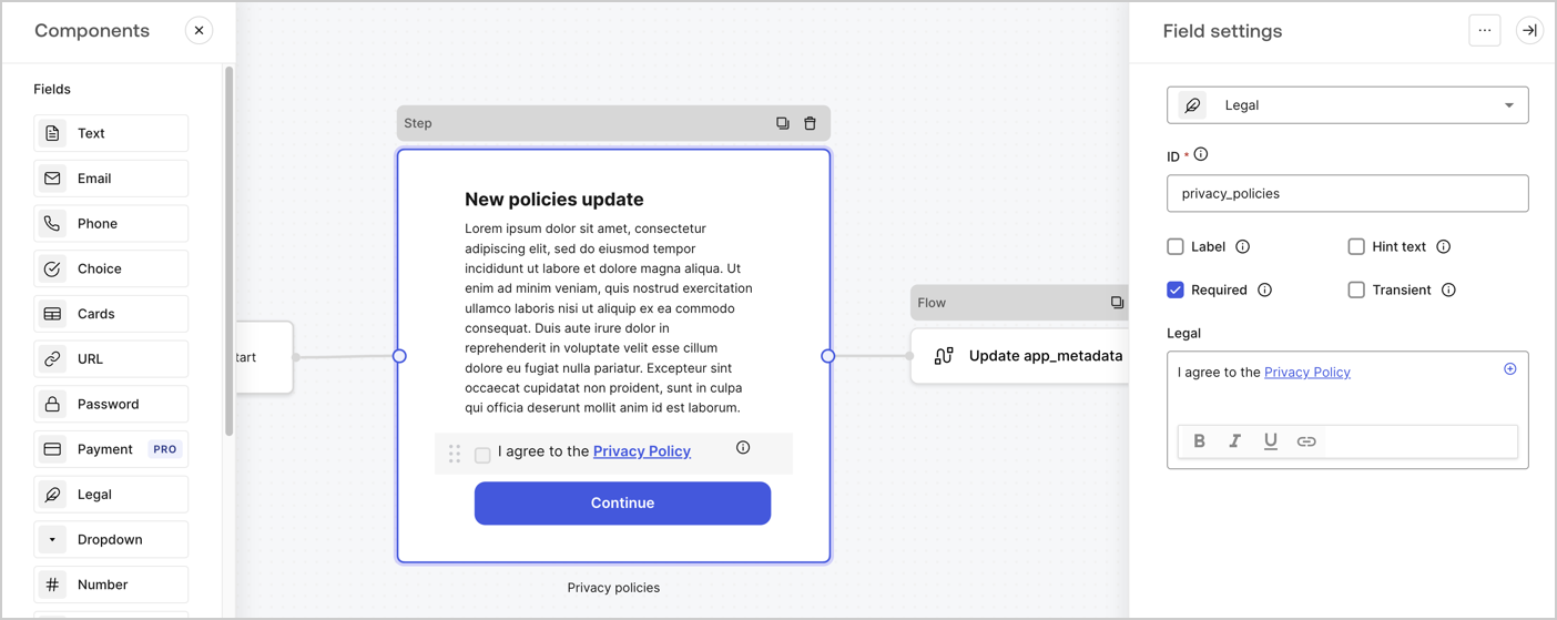 Dashboard > Actions > Forms > Use case privacy policy step node