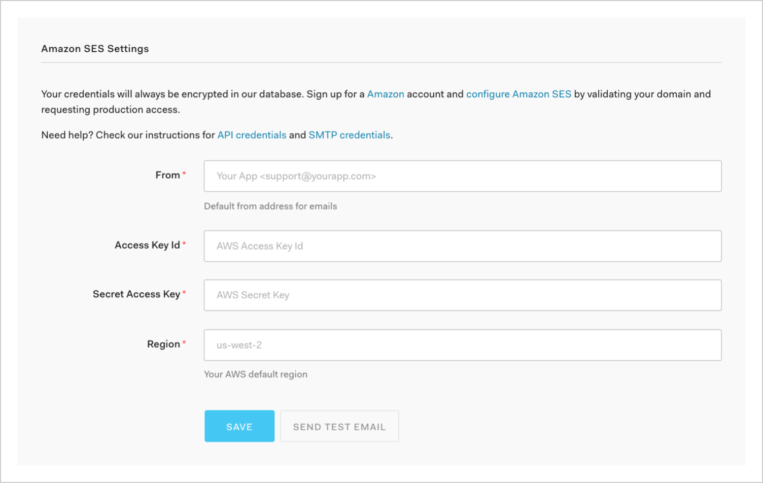 Dashboard - Branding - Email Provider - AWS SES Settings