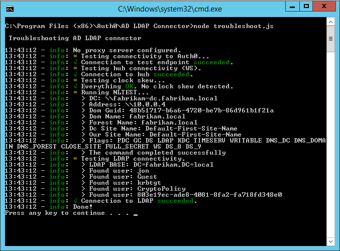 Troubleshoot AD/LDAP Connector Troubleshooting Tool Screen