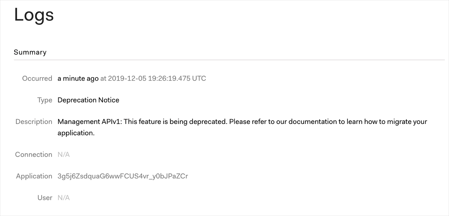 Management API v1 Log Query Example screen
