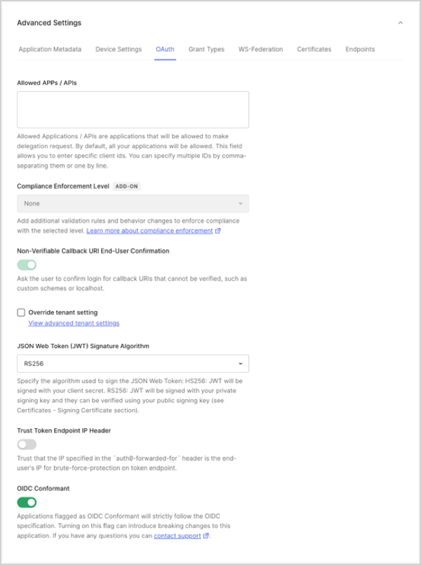 Dashboard Applications Application Settings Tab Advanced Settings OAuth Tab