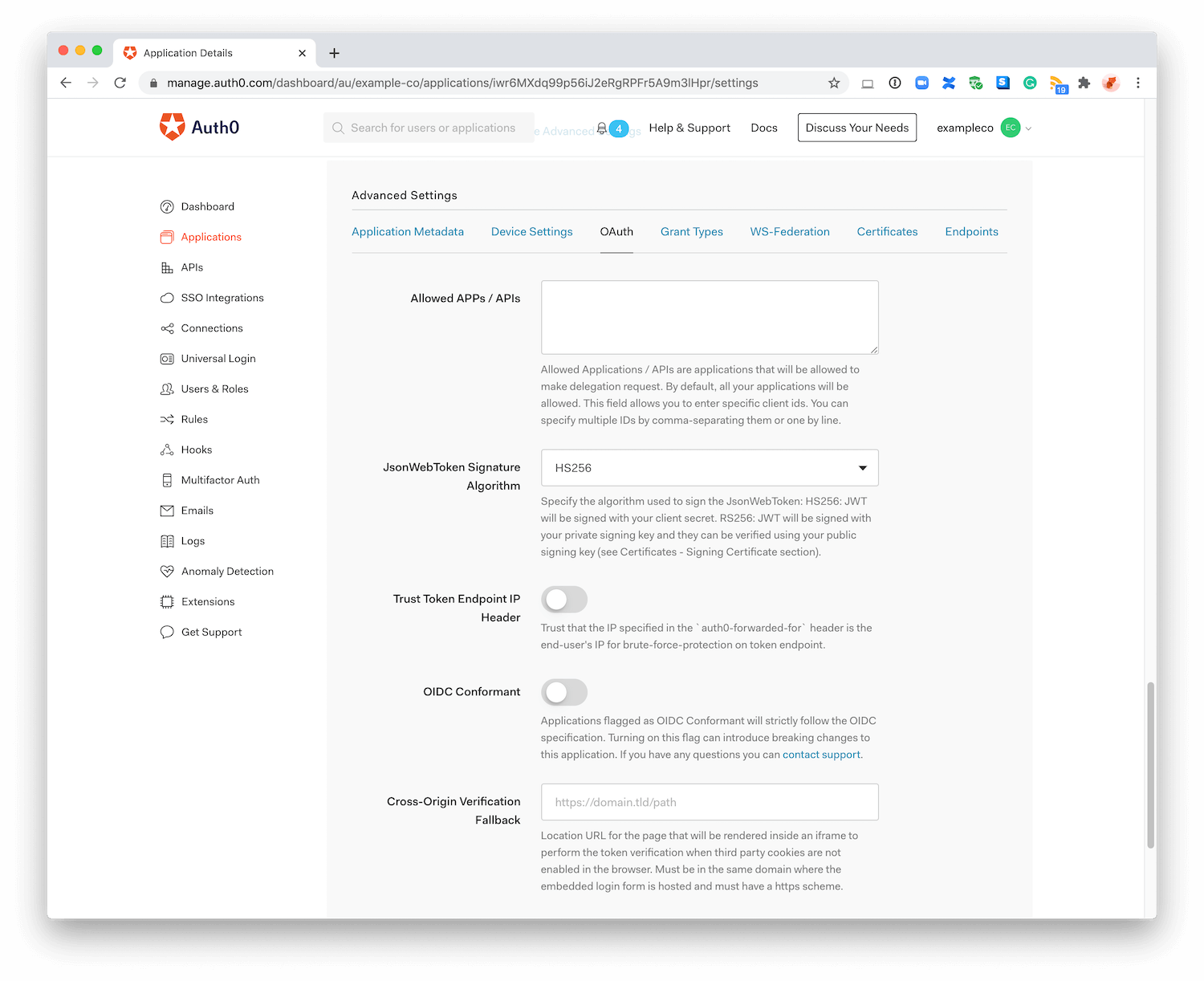 Dashboard - Applications - Advanced - OAuth Settings