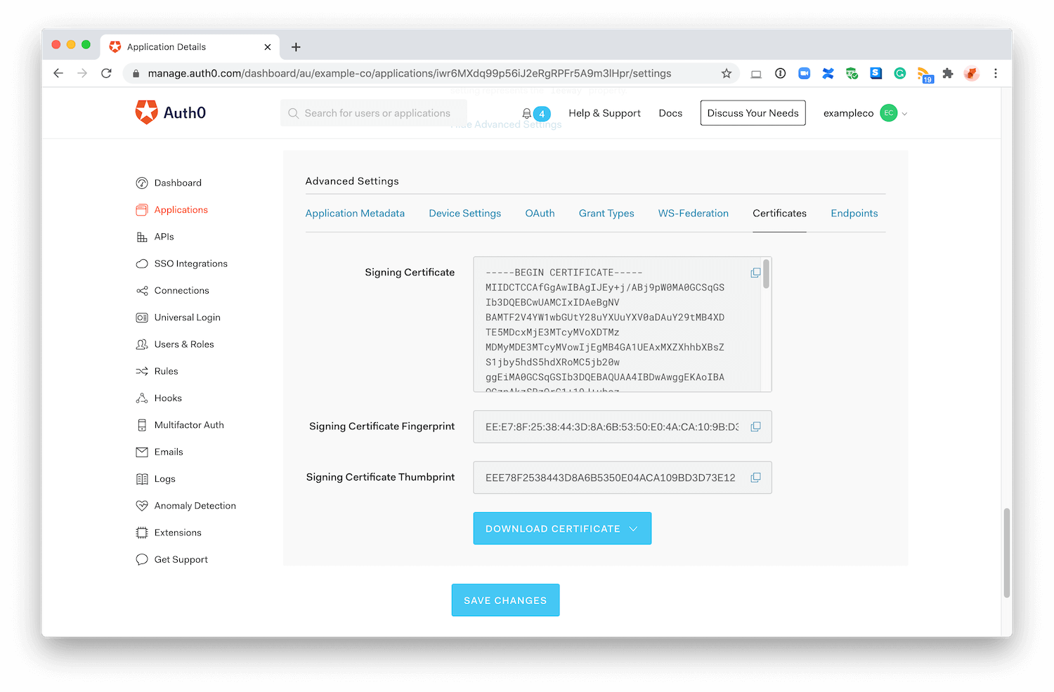 Dashboard - Applications - Advanced - Certificates