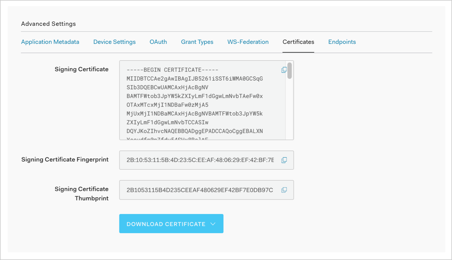 Dashboard - Applications - Advanced - Certificates