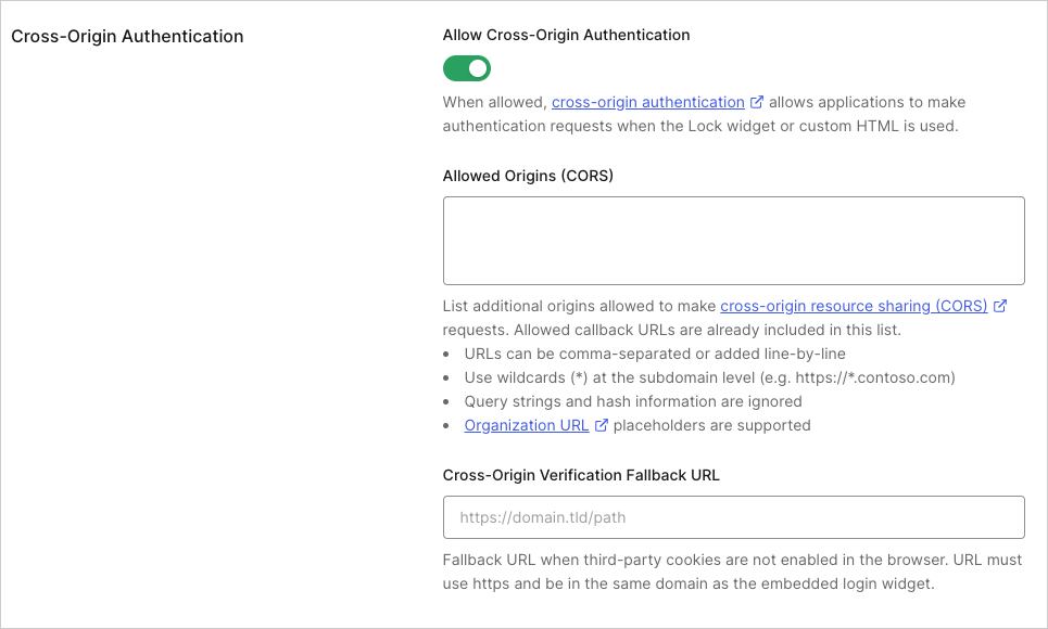 Dashboard - Applications - Application - Settings - Cross-Origin Authentication