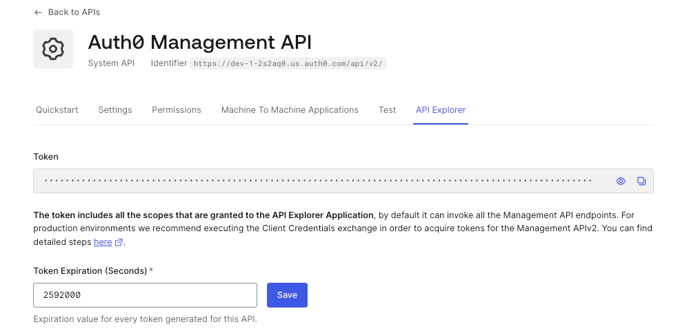 Dashboard Applications APIs Auth0 Management API Explorer Tab Authorize and Test