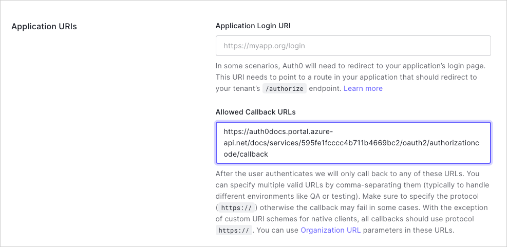 Dashboard - Applications - Set callback URL - Basic Calculator - Integrations Azure API Management