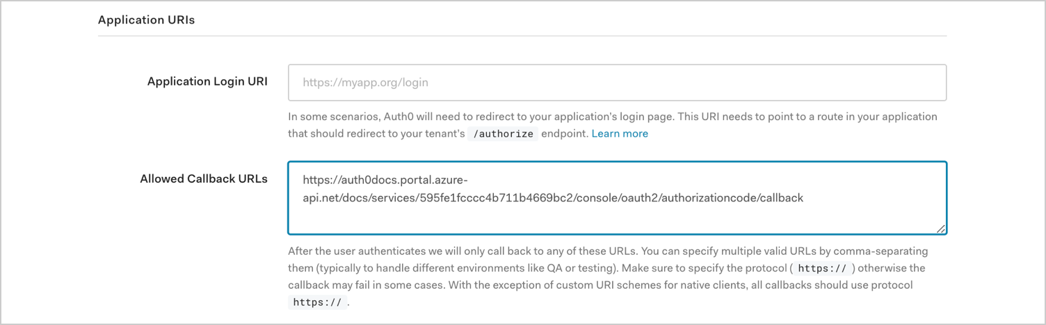 Dashboard - Applications - Set callback URL - Basic Calculator - Integrations Azure API Management