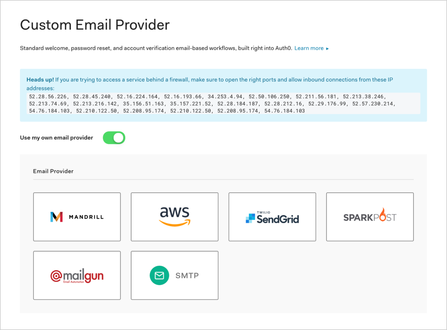 Emails Configure SparkPost SMTP Email Provider Values Screen