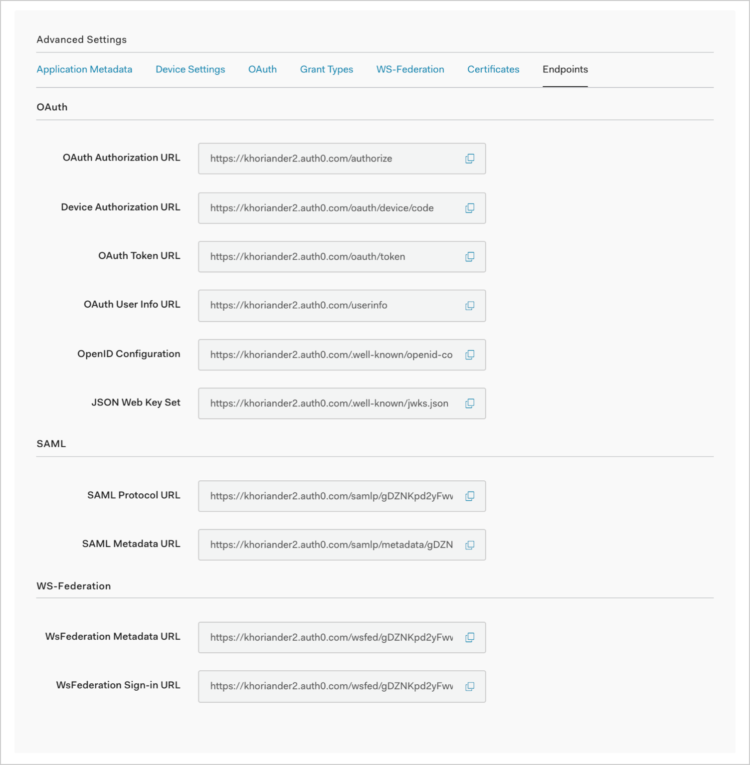 Dashboard - Applications - Application Settings - Advanced - Endpoints