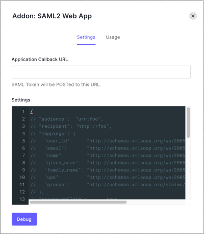 Dashboard Applications Applications Addons Tab SAML2 Web App Settings Tab