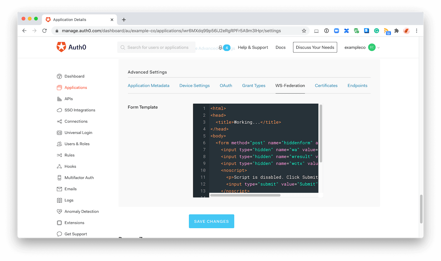 Dashboard - Applications - Advanced - WS-Federation