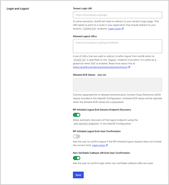 Dashboard Tenant Settings Advanced Tab Login and Logout