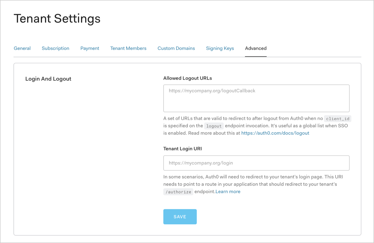 Dashboard Tenant Settings Advanced Login and Logout