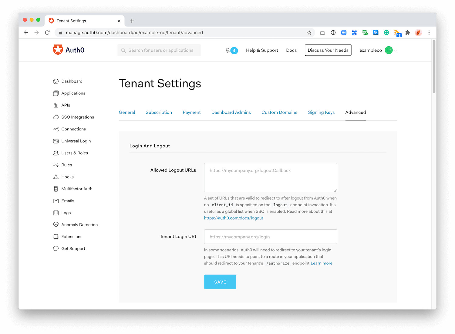 Dashboard - Tenant Settings - Advanced - Login and Logout