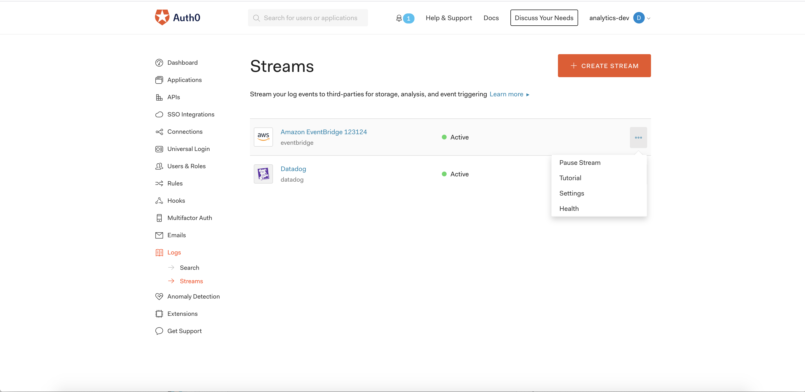 Log Streams Log Health Screen