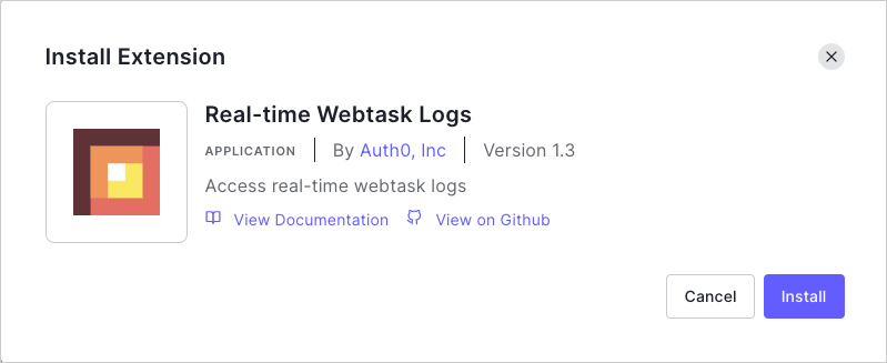 Dashboard - Extensions - Realtime Webtask Logs - Install