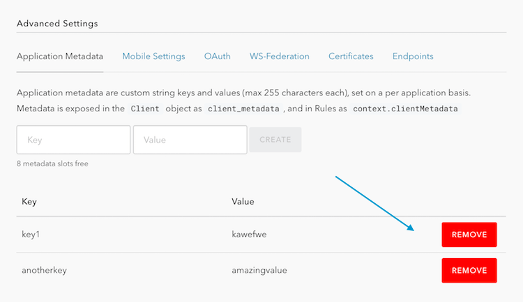 Dashboard - Application - Advanced Settings - Application Metadata - Remove