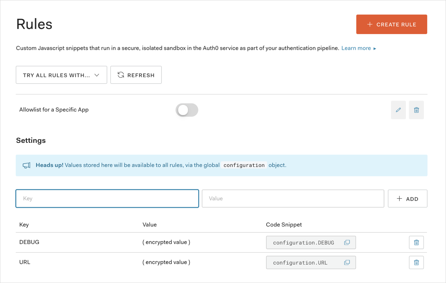 Dashboard - Auth Pipeline - Rules - Configuration Values