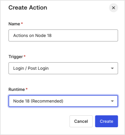 Modal that displays when you go to the Auth0 Dashboard, navigate to Actions, navigate to Library, and select Build Custom. For the Runtime field, Node 18 is selected.