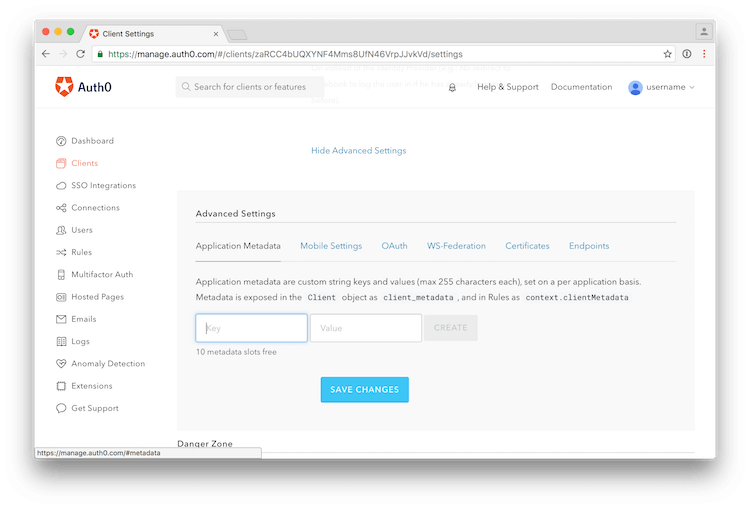 Dashboard - Application - Advanced Settings - Application Metadata