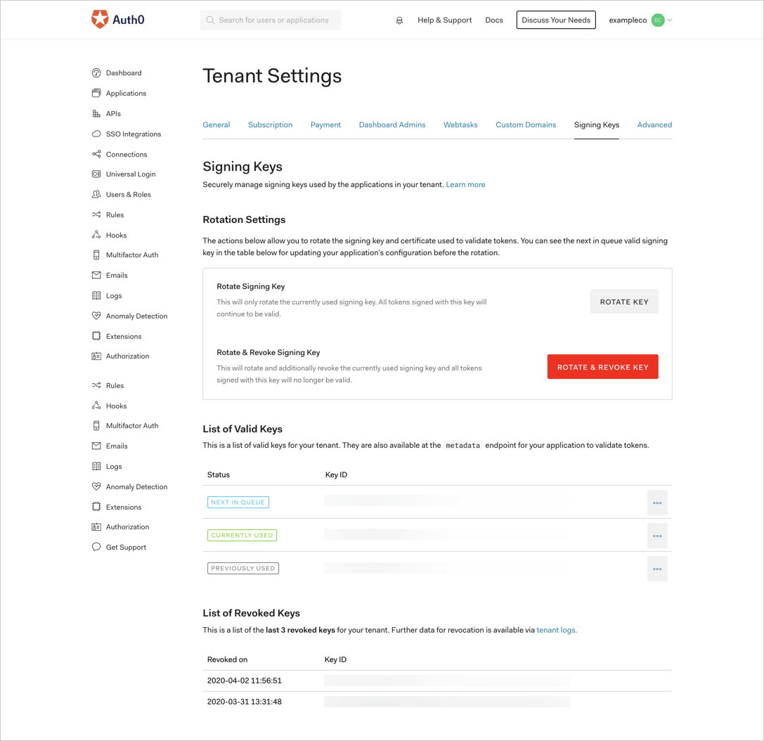 Dashboard - Tenant Settings - Signing Keys