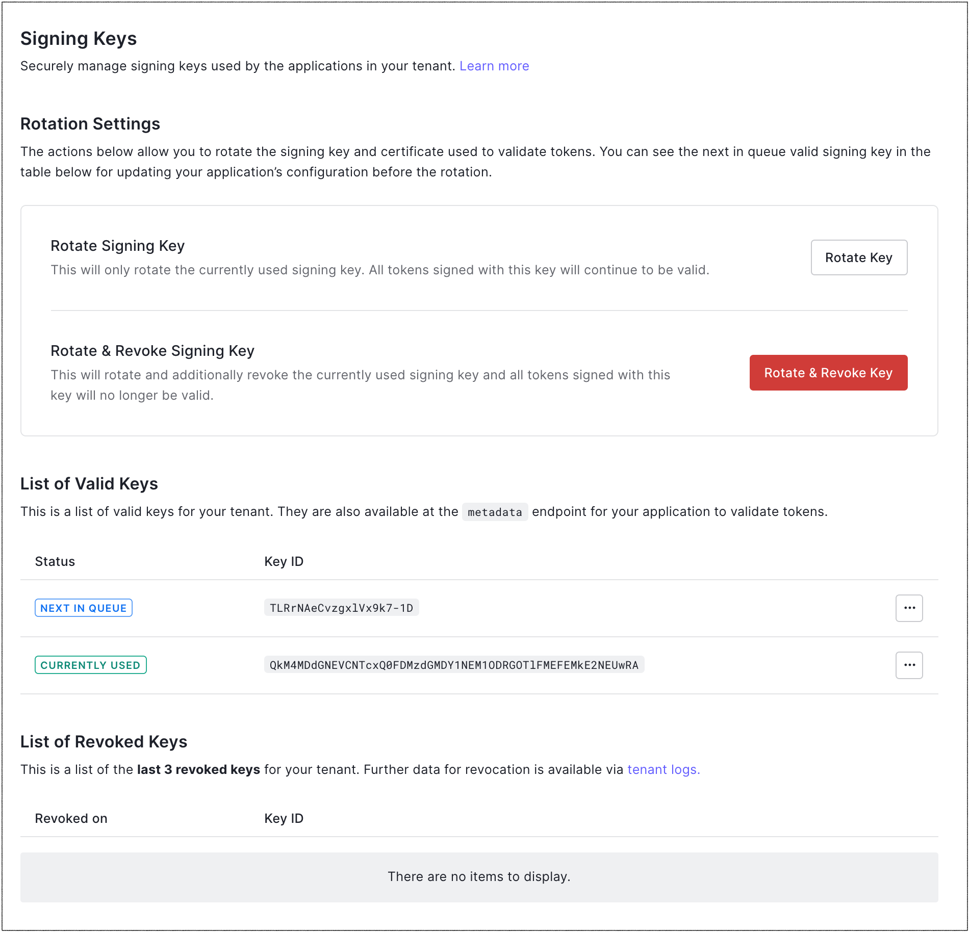 Dashboard Tenant Settings Signing Keys tab