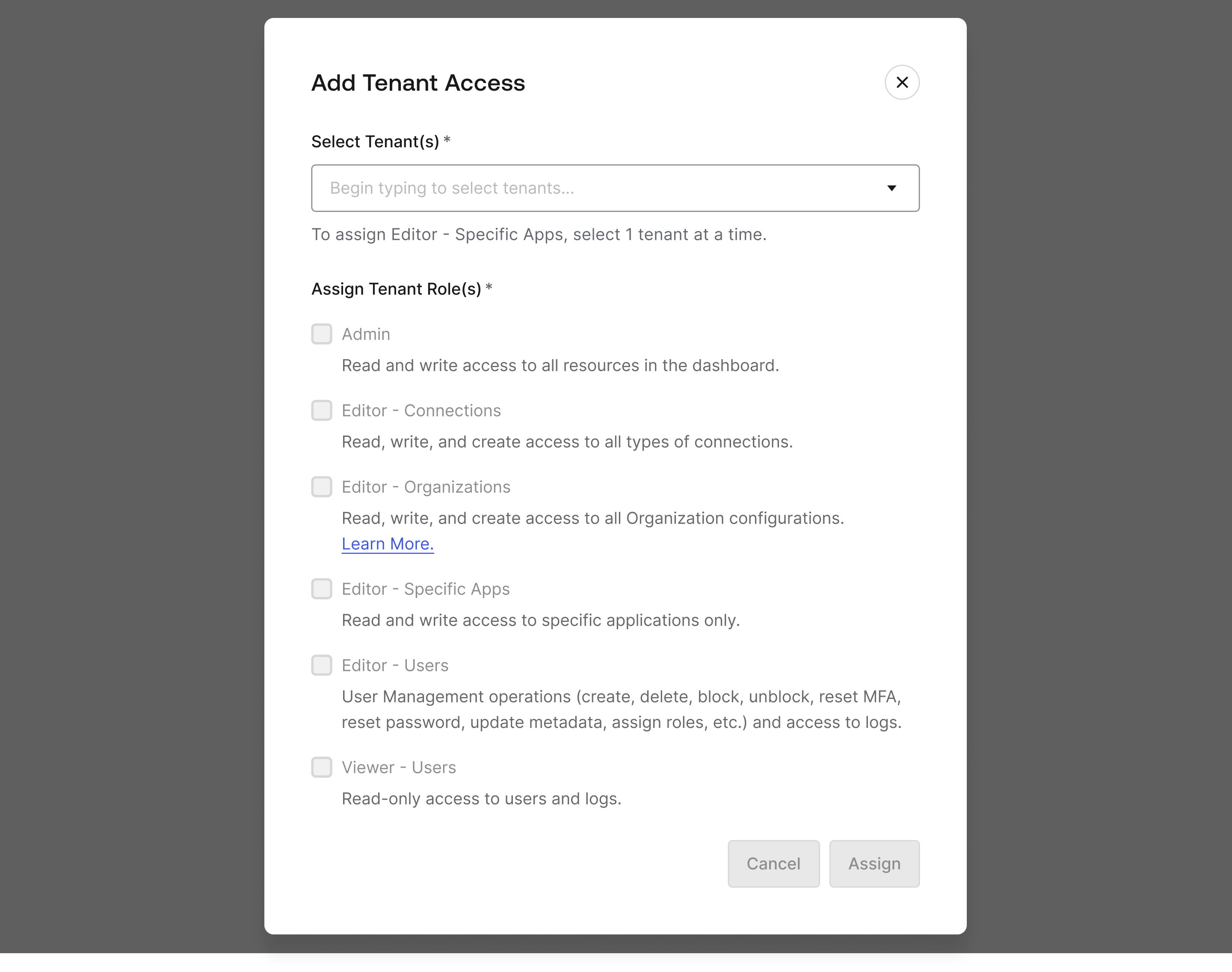 Modal to assign Tenant Access to the Selected Member