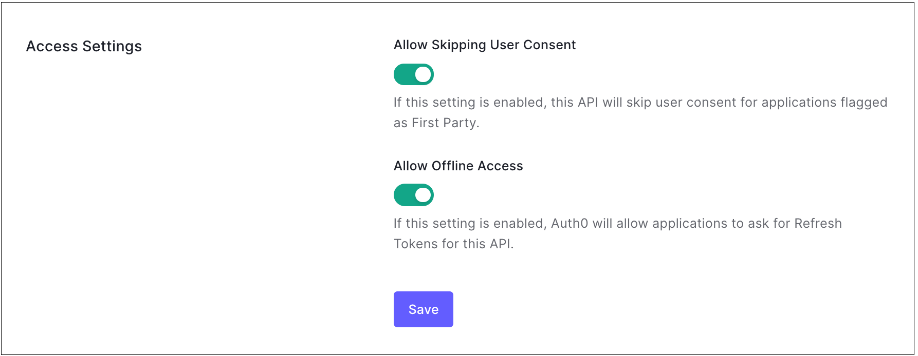 Dashboard Applications APIs Settings Tab Access Settings