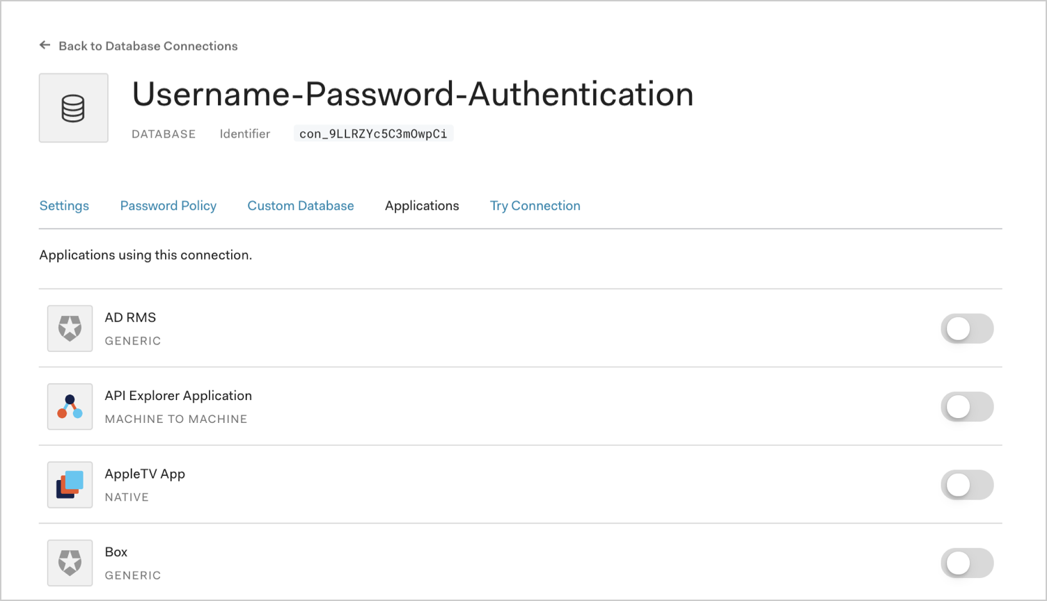 Dashboard - Connections - Database - Edit - View Applications