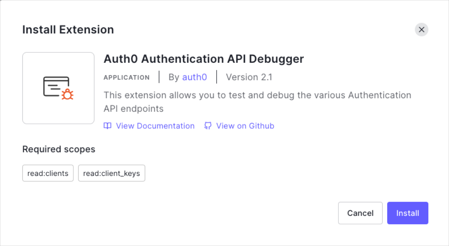 Dashboard - Extensions - Auth API Debugger - Install