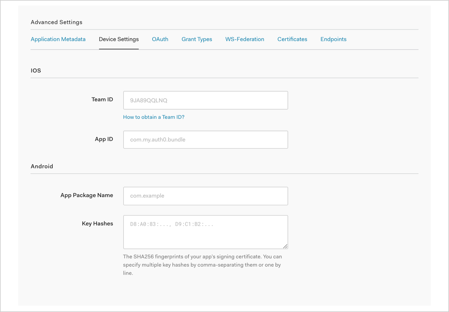 Dashboard - Applications - Application Settings - Advanced Settings - Device Settings