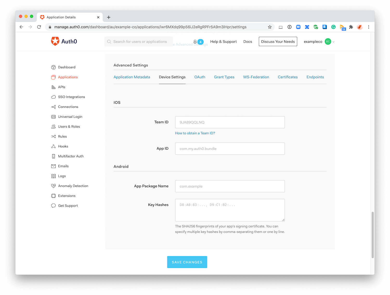 Dashboard - Applications - Advanced - Device Settings