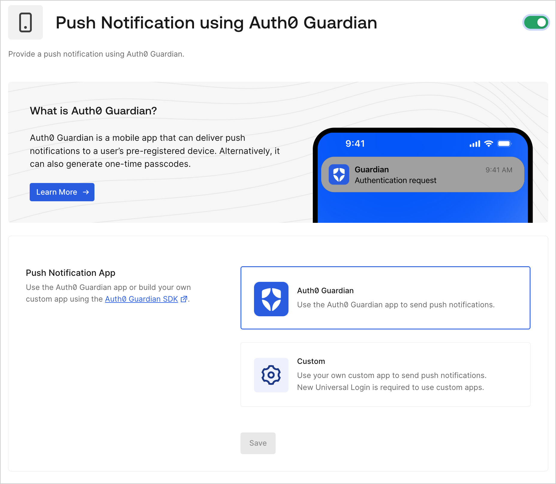 Auth0 Dashboard > Security > Multi-factor Auth > Push Notification using Auth0 Guardian
