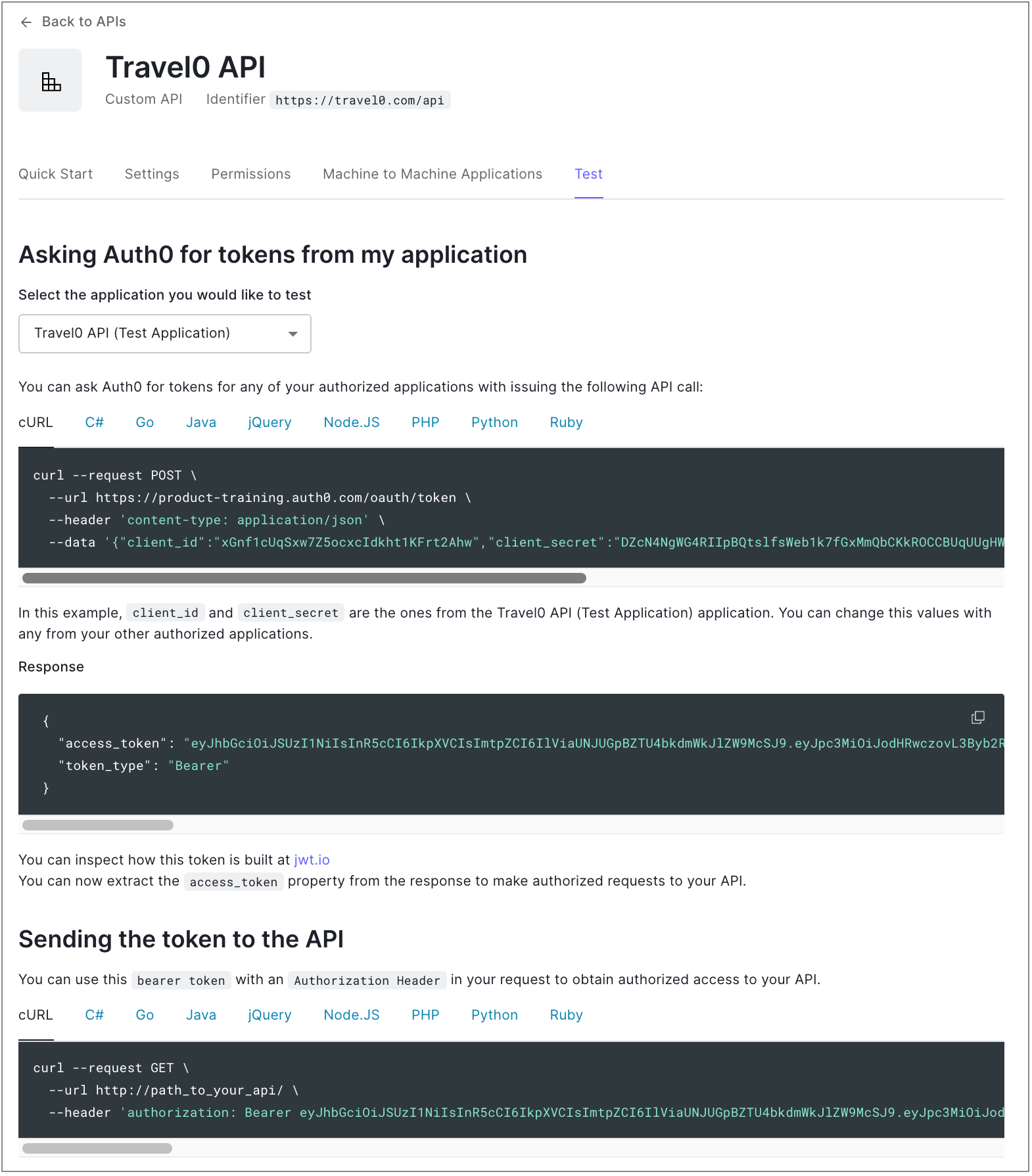 Dashboard Applications APIs Test Tab