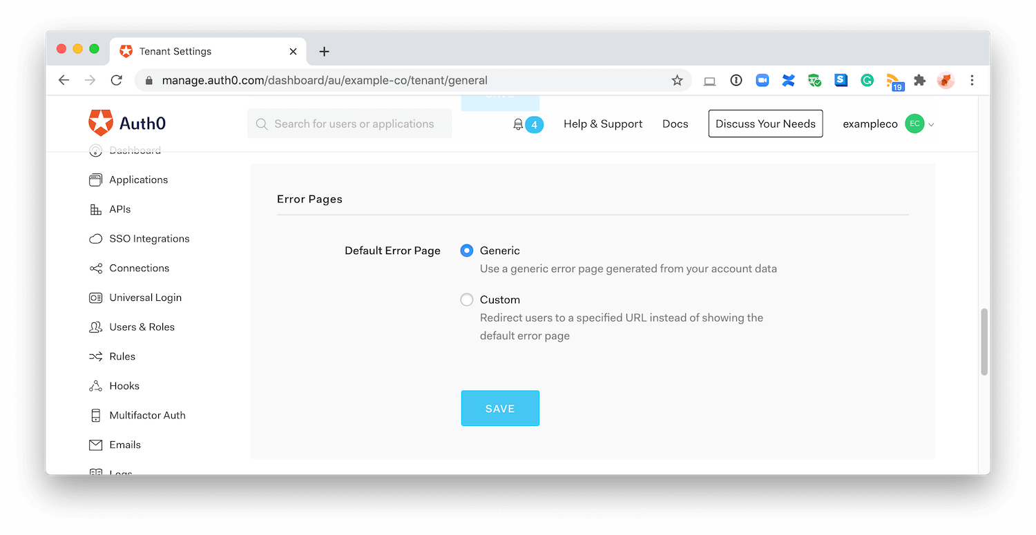 Dashboard - Tenant Settings - Error Pages