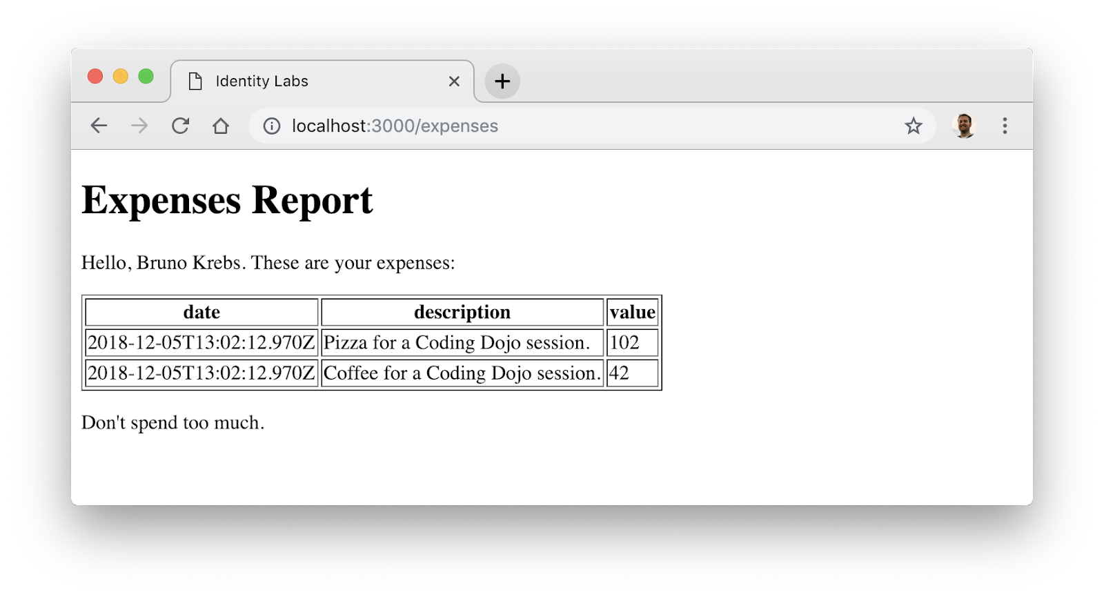 Application expenses page