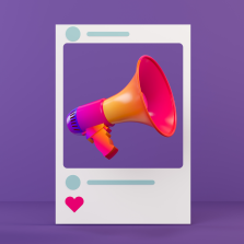photo carrée fond violet avec mégaphone dans un cadre style photo instagram