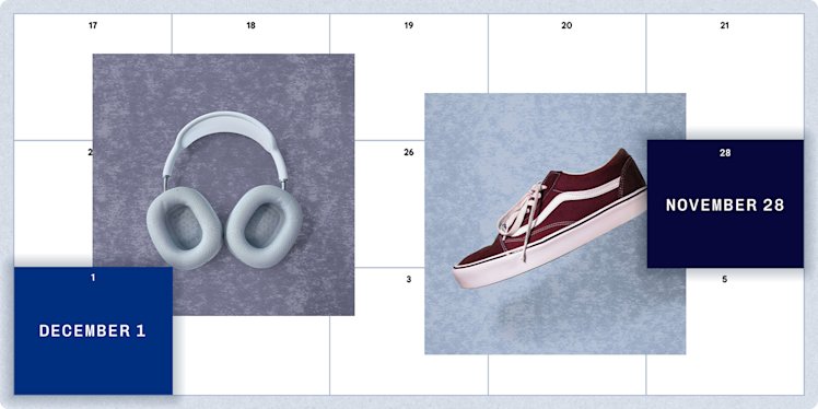 BFCM 2025 marketing calendar with Cyber Monday (December 1) highlighted next to headphones and Black Friday (November 28) highlighted next to sneakers.