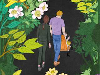 Illustration: Mann, Frau und Baby spazieren im Wald