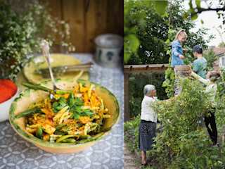 Teller mit Pfirsich-Bohnensalat und Kinder beim Bohnenernten